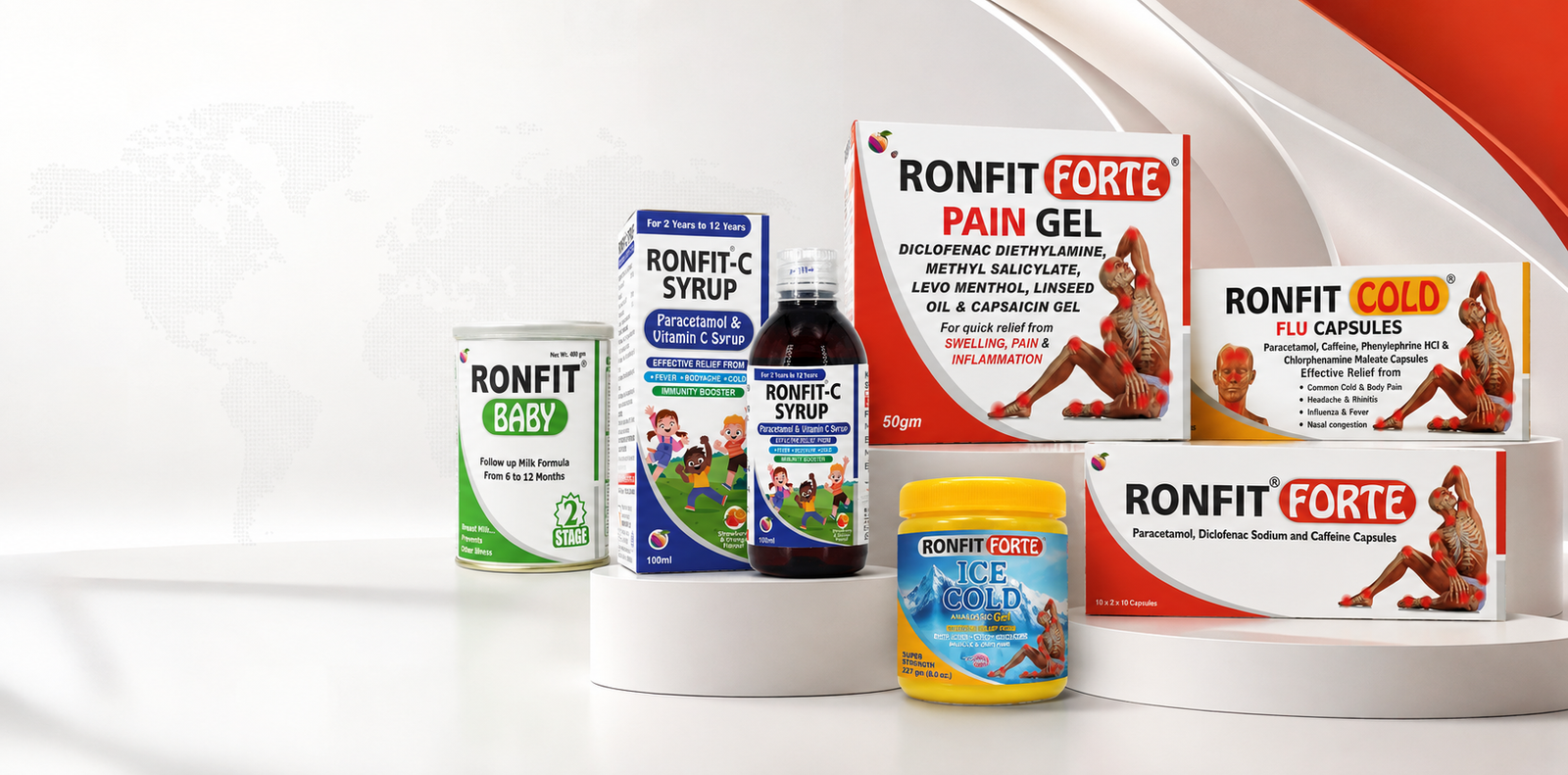Ronfit Forte healthcare product range on a curved brand stage